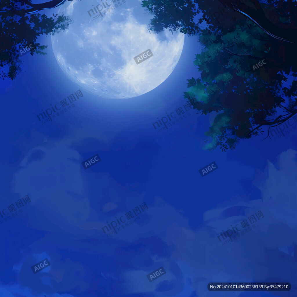 月色夜晚手绘插画