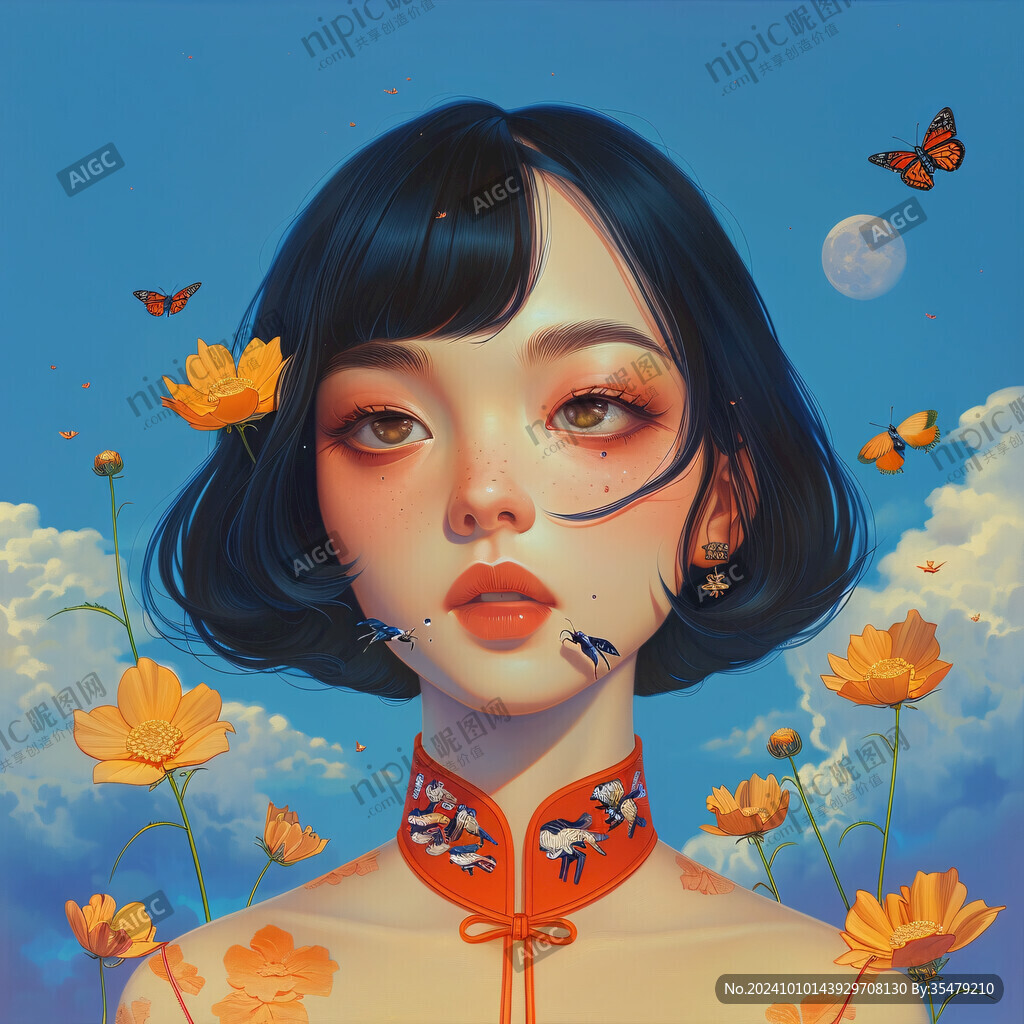 插画女孩与蝶