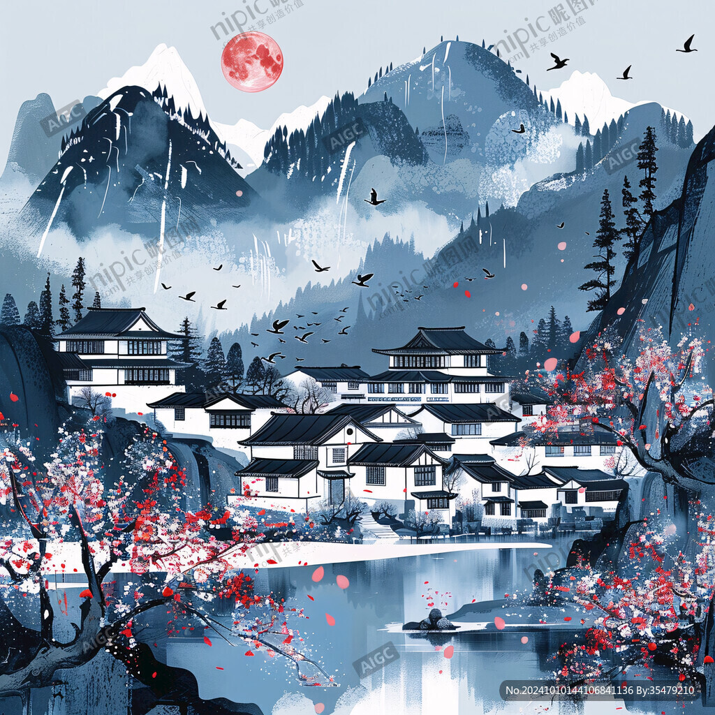仙鹤楼阁山水插画