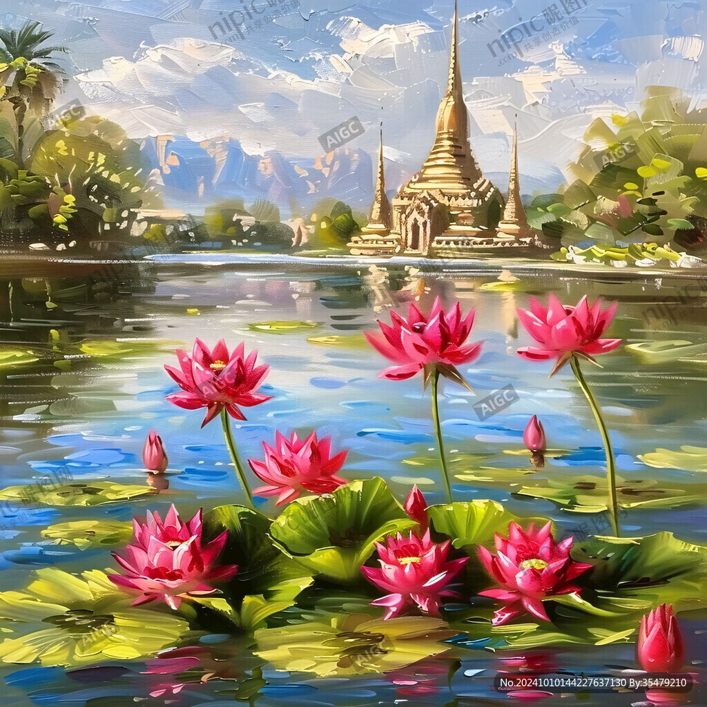 荷花油画素材下载