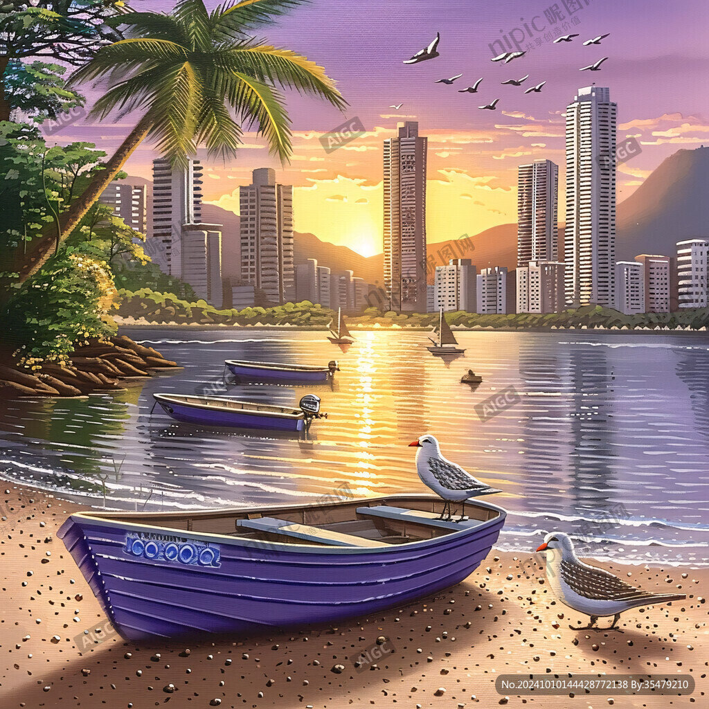 海景建筑风景画