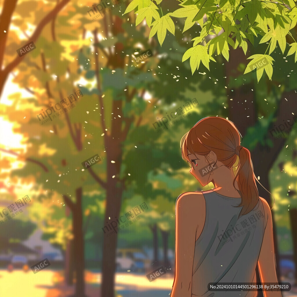 女学生夕阳下插画