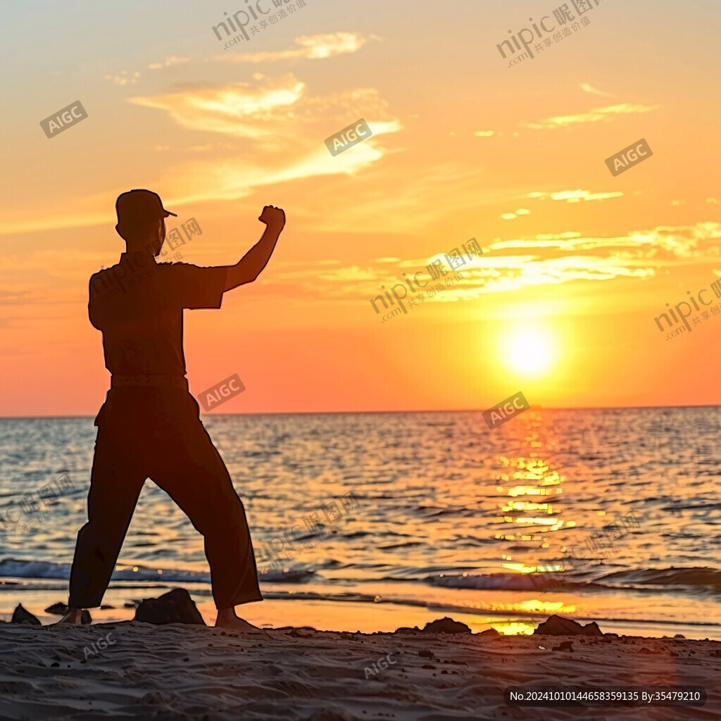 夕阳下大海边男人剪影