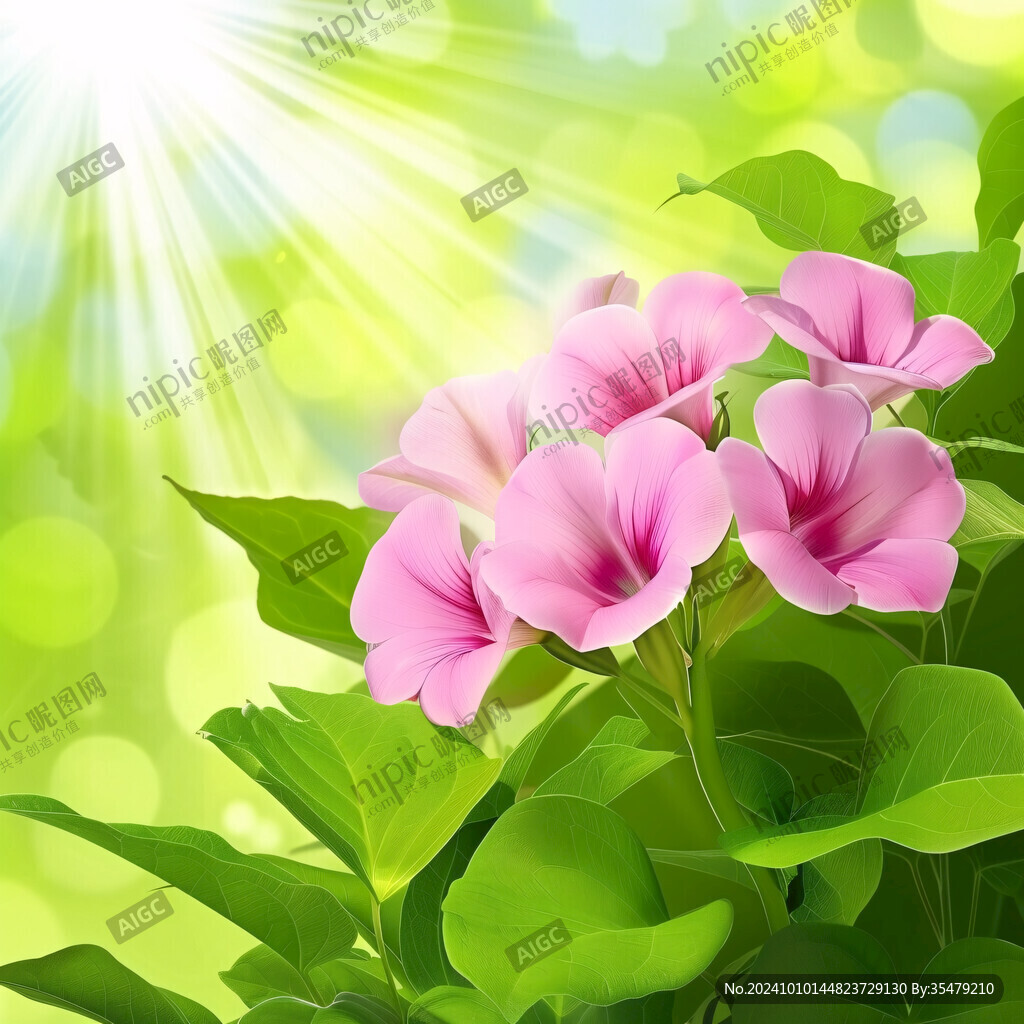 牵牛花开绿叶绿色背景