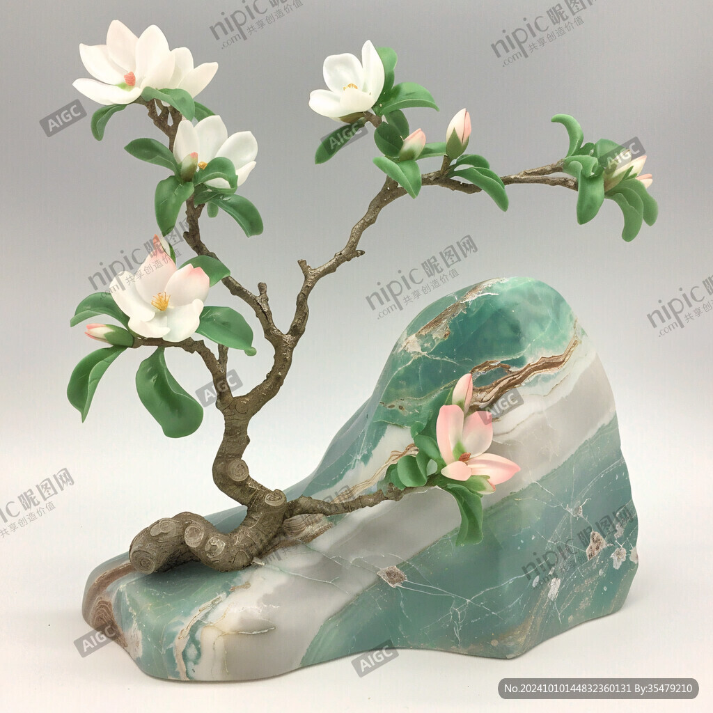画珐琅盆玉石玉兰盆景