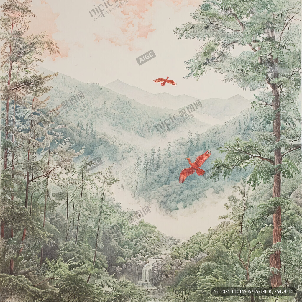 手绘鹰森林装饰画