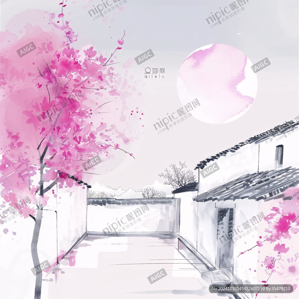 粉色江南水墨画