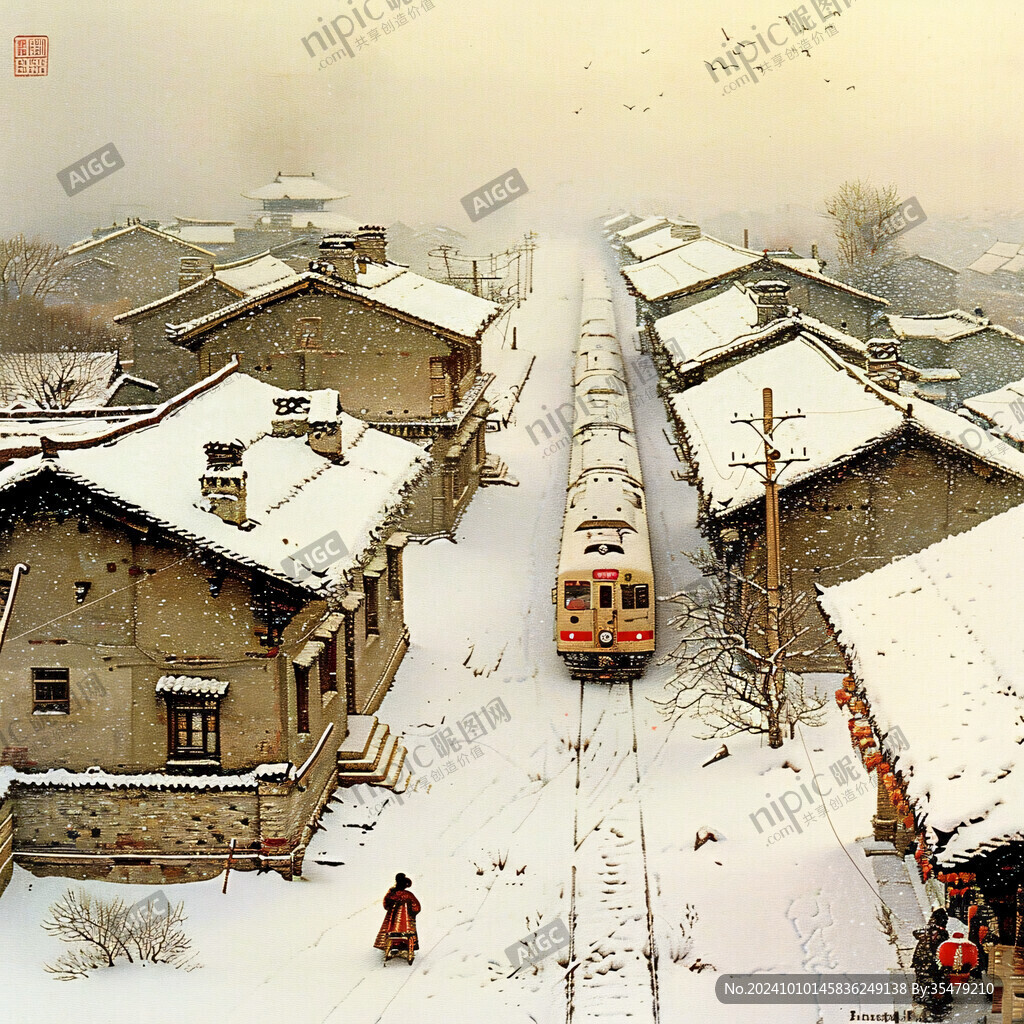 古镇冬季装饰画