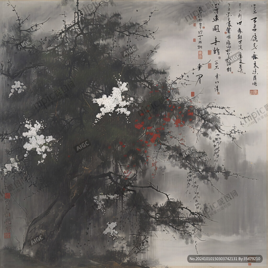 迎客松软膜天花水墨画