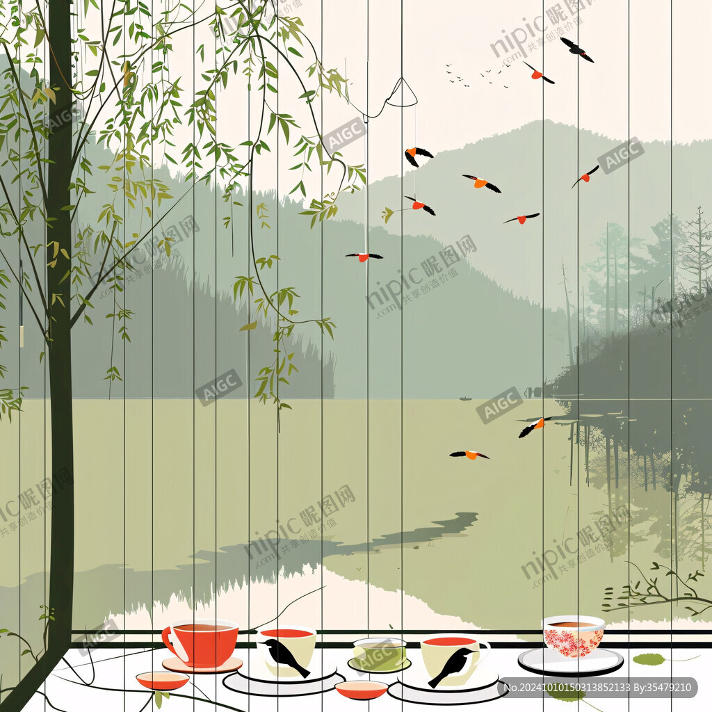 竹林飞鸟花鸟木窗划船