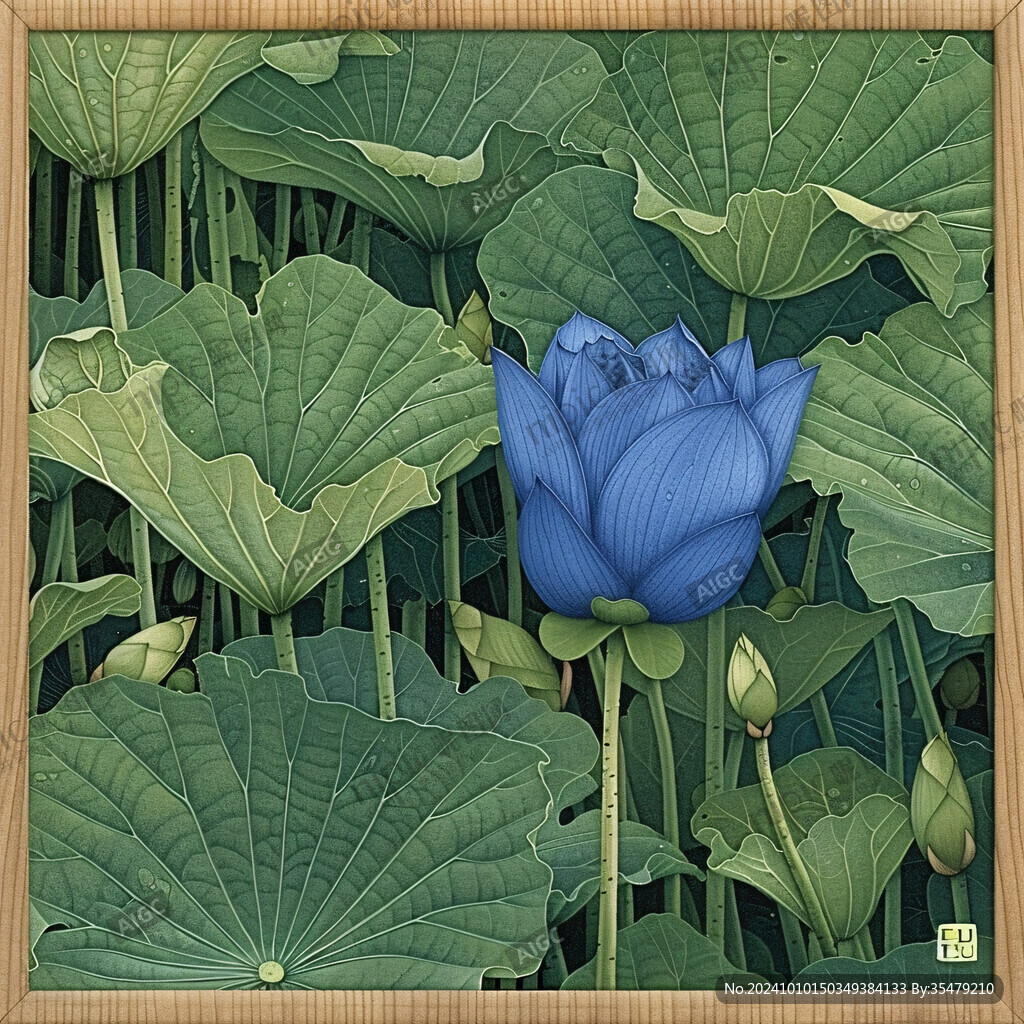 蓝色荷花壁画