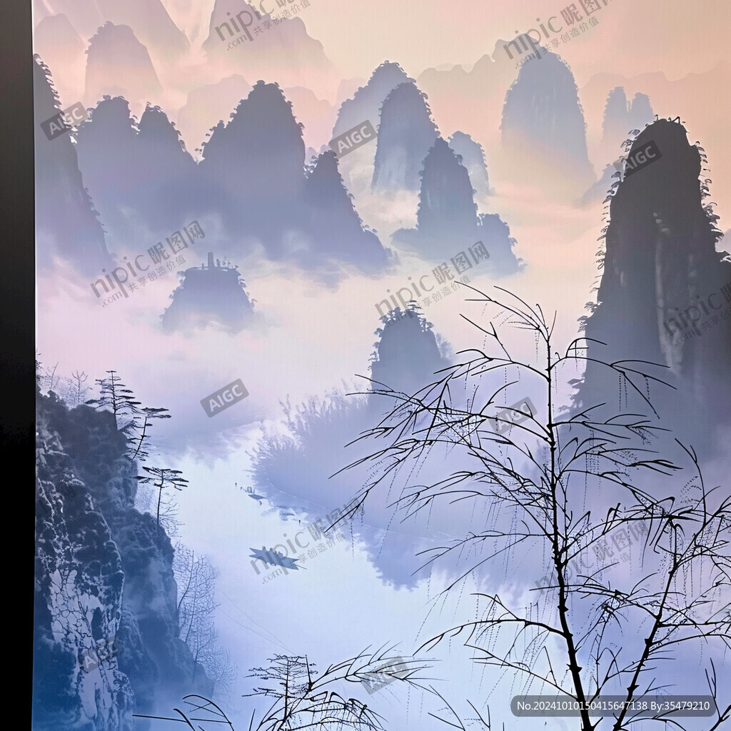 手绘风景画烟雾山水画