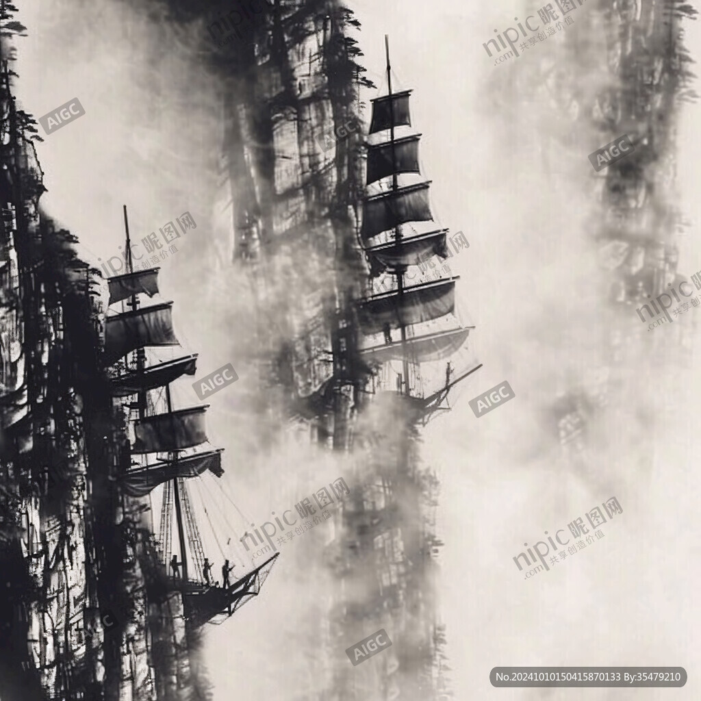 水墨山水画帆船