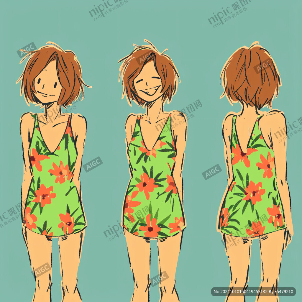 女孩三视图插画