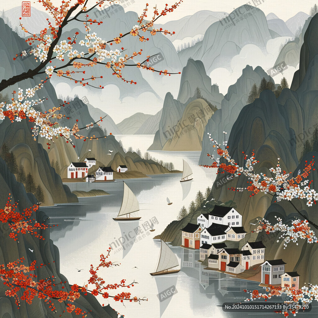 江南春季山水插画