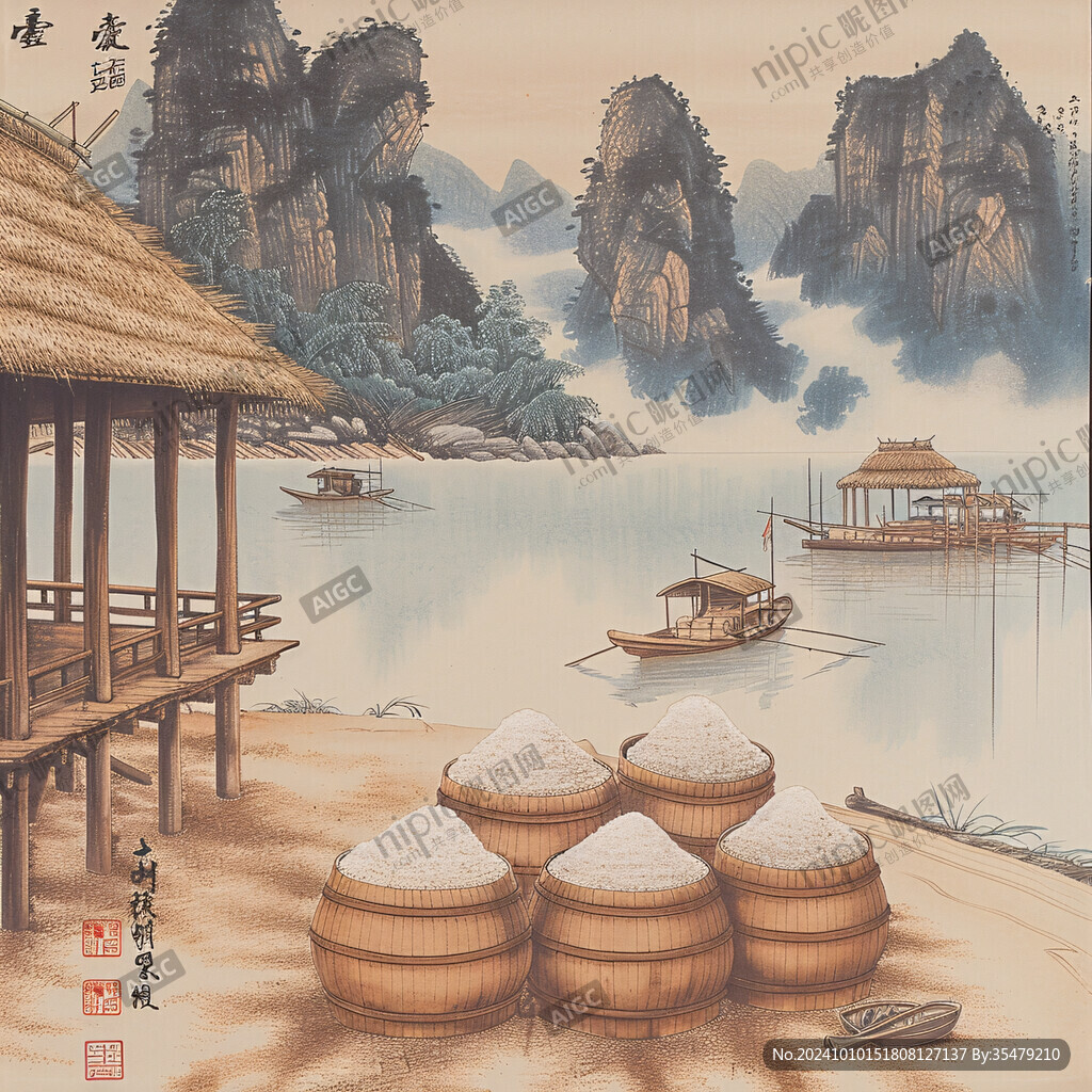 手绘江景海景工笔画