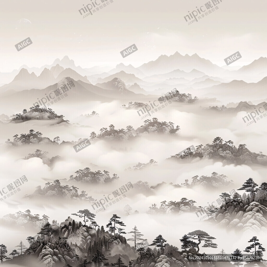 国潮禅意山峰云雾