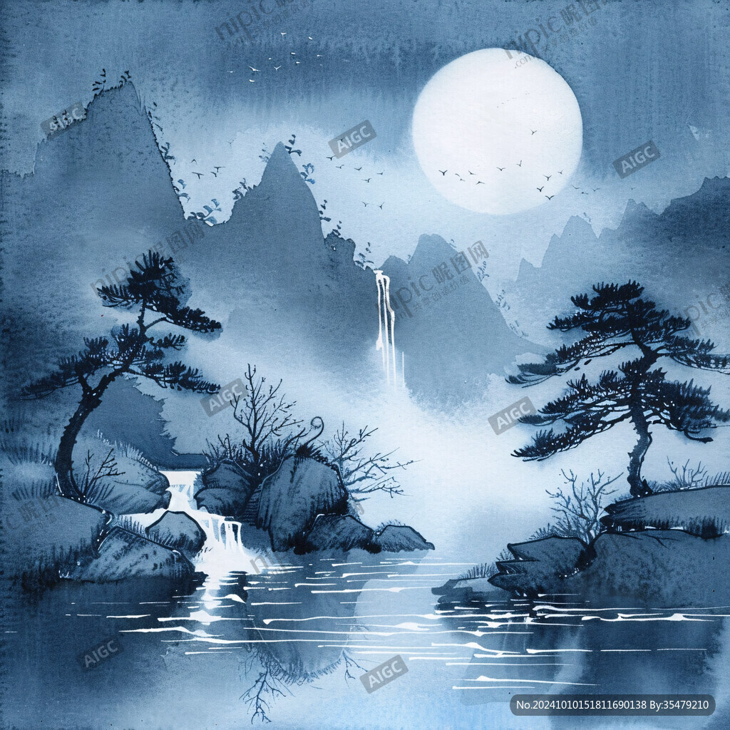 水墨山水画夜景图片
