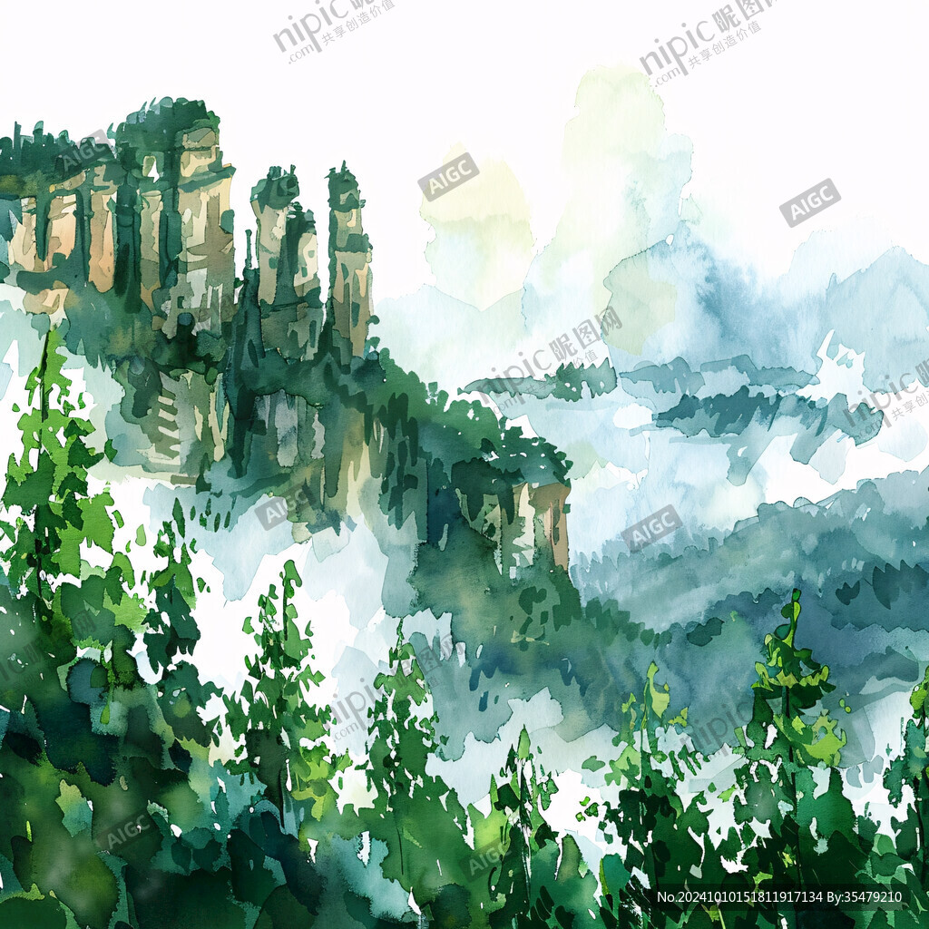 悉尼插画彩绘山水水墨
