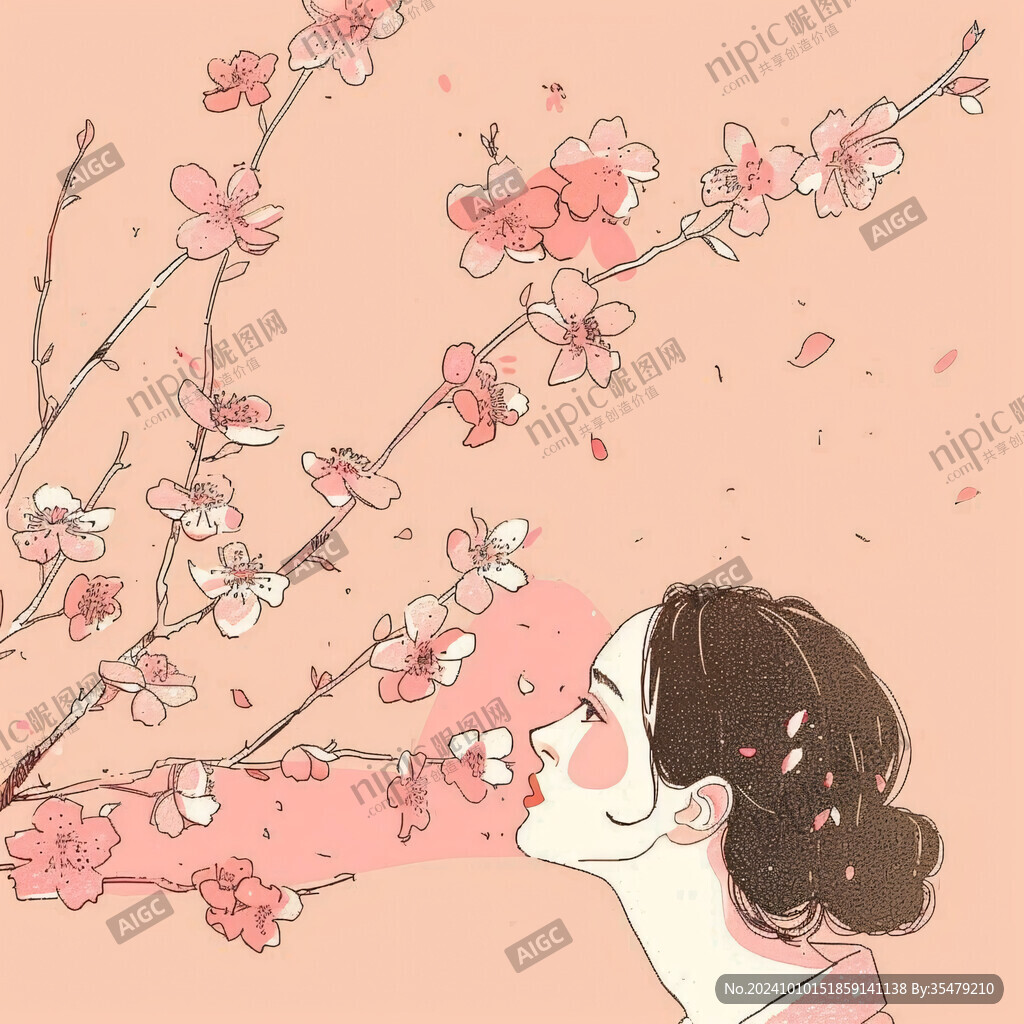 春天桃花女孩插画