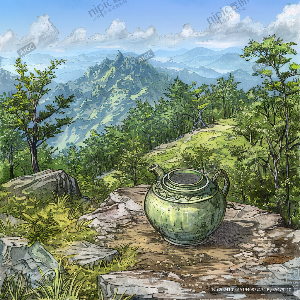 山水画茶树茶杯茶园