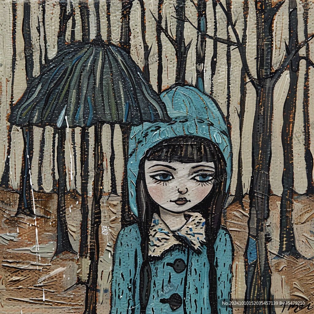 绘呆萌女孩躲雨无框画