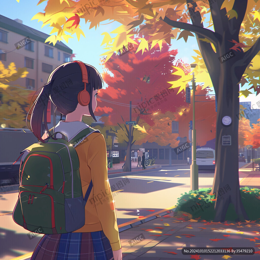 女学生夕阳下插画