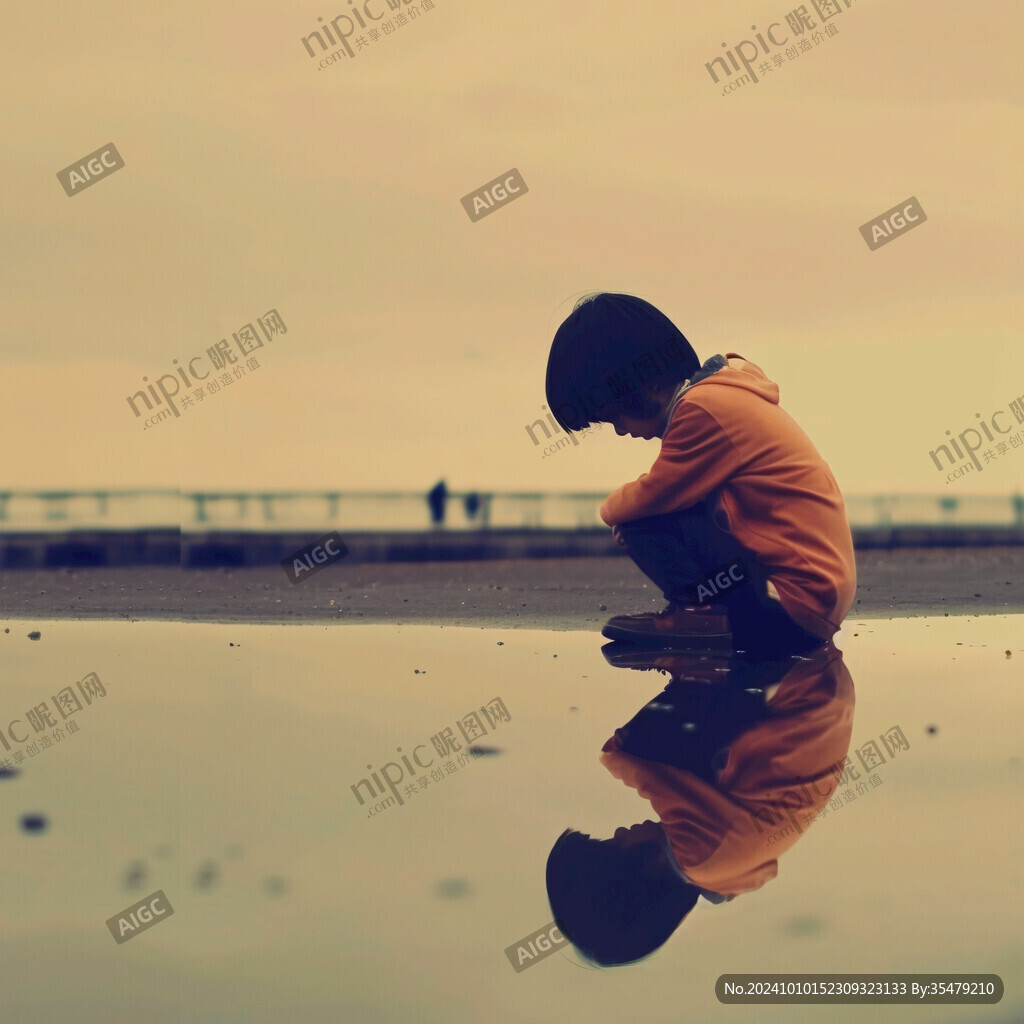 黄昏赶海的小孩