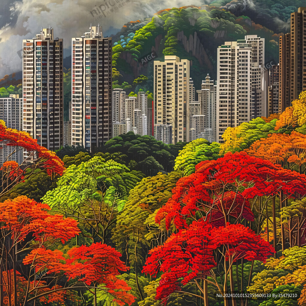 维多利亚湾建筑山水画