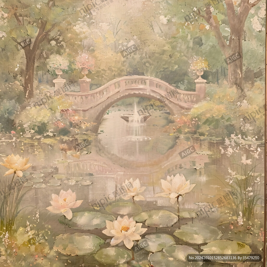 水榭树木水彩画
