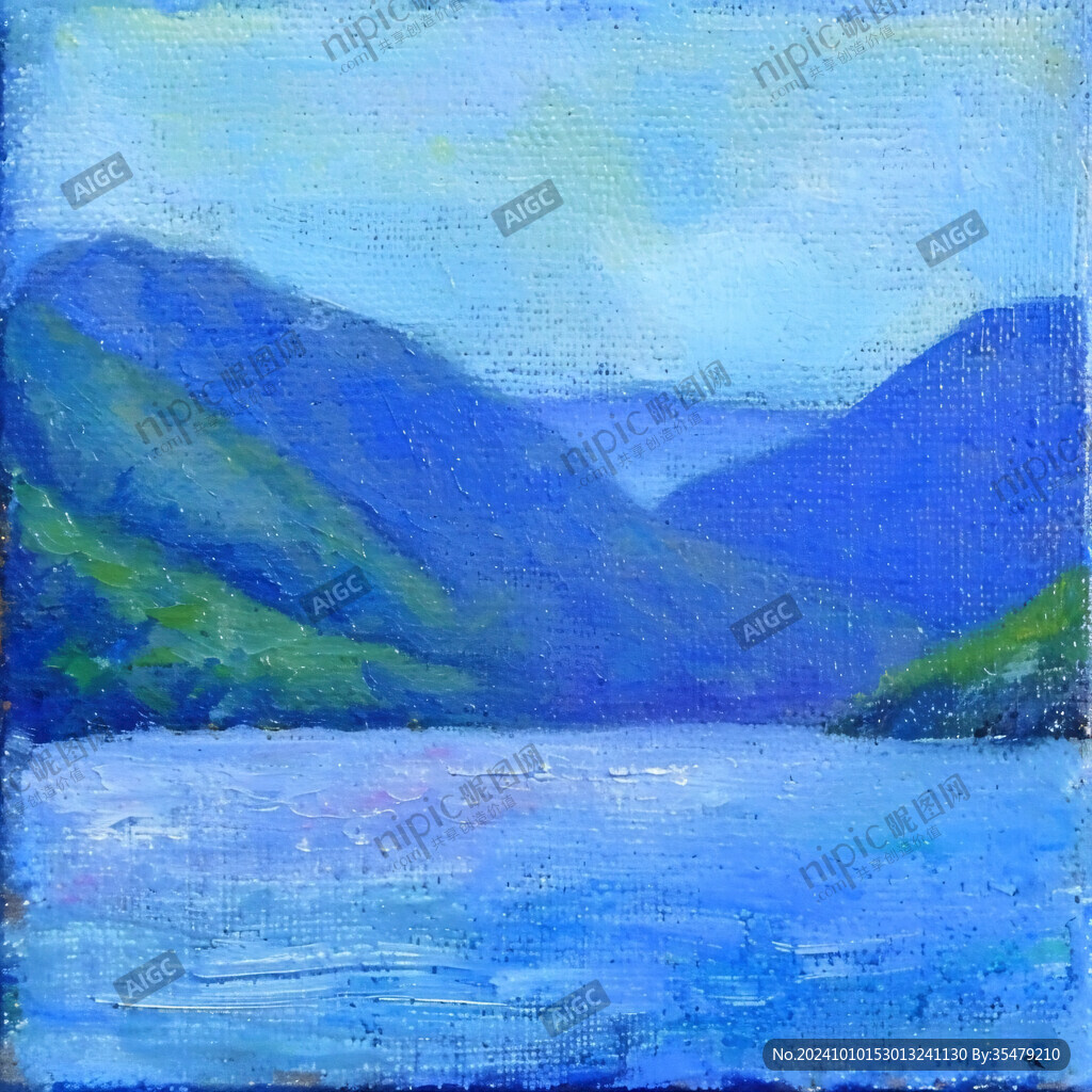 手绘油画群山河流线条