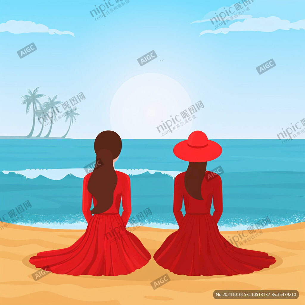 沙滩上的美女海边插画