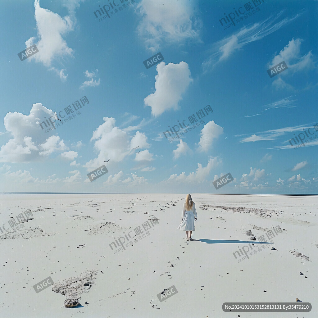 手绘海边散步的小姑娘