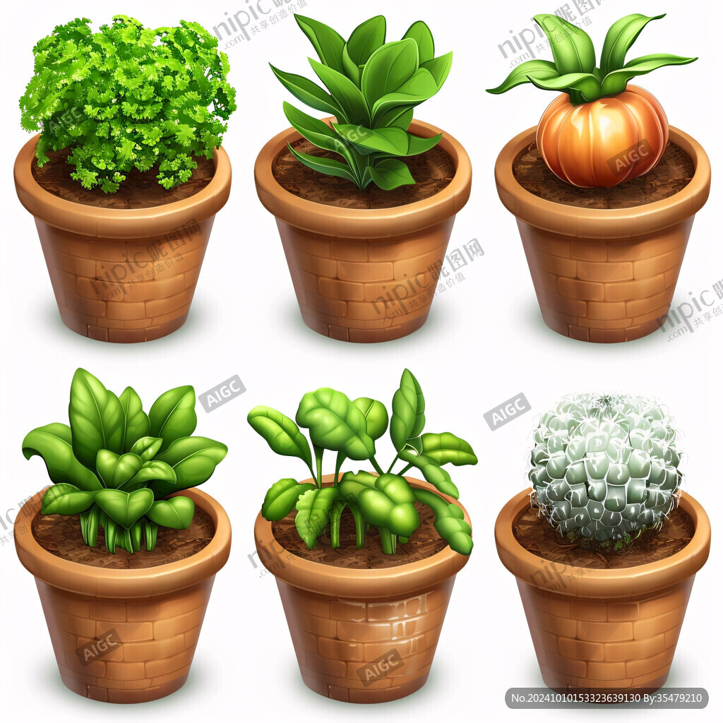 手绘小盆栽绿植素材