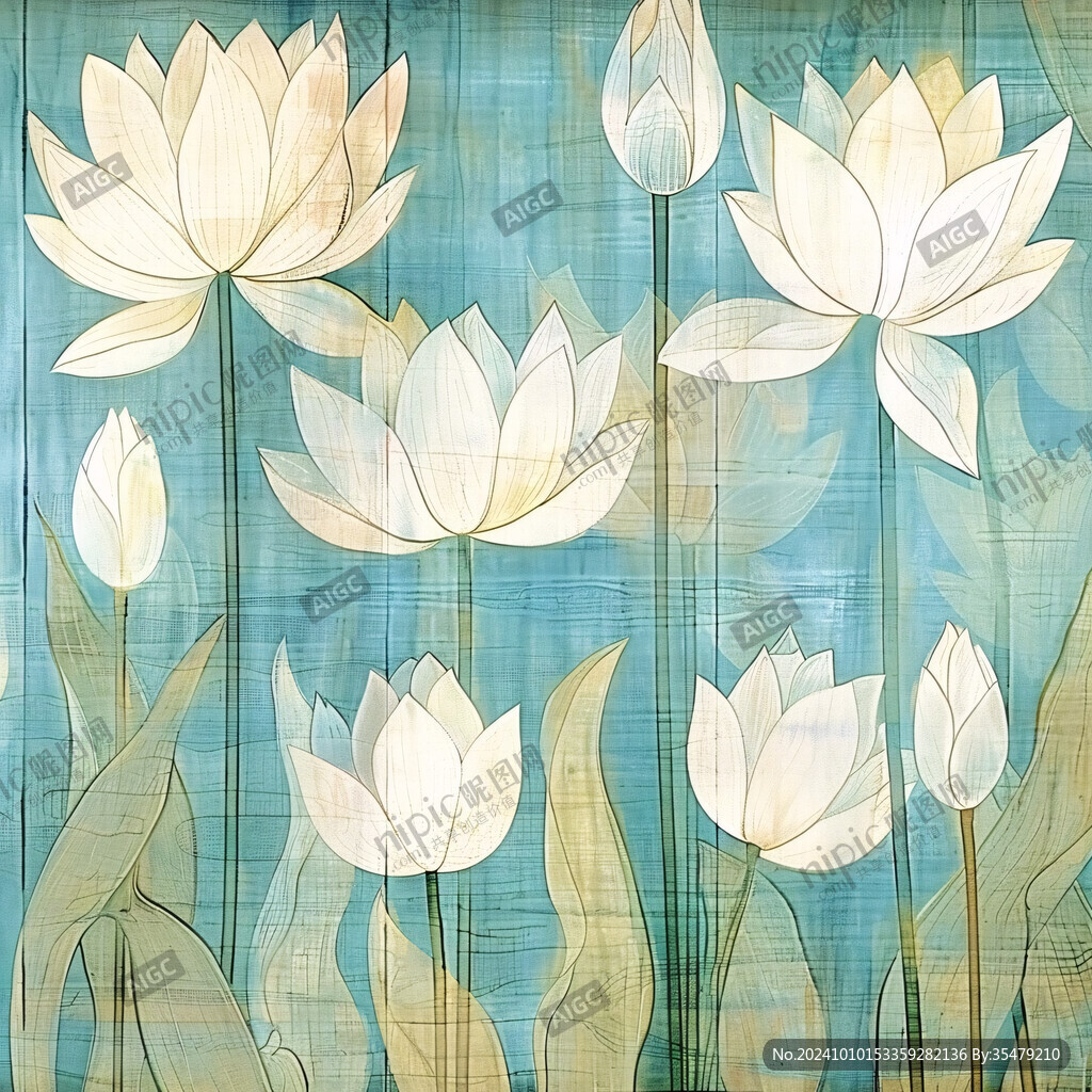 蓝色荷花壁画