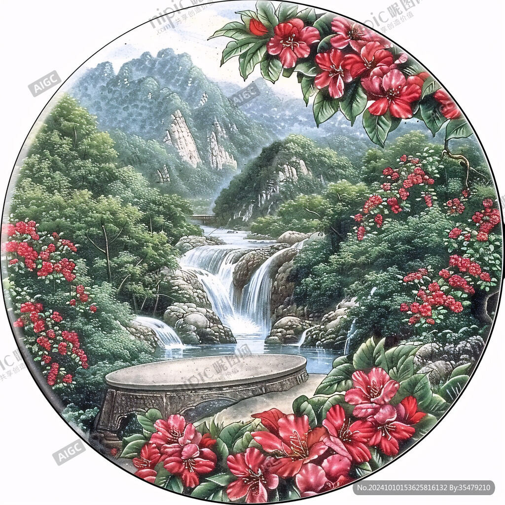 花鸟山水圆形画
