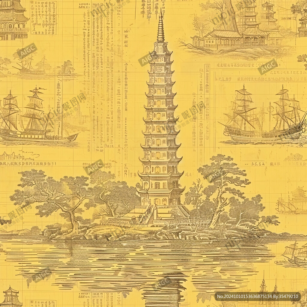手绘雷峰塔插画文件