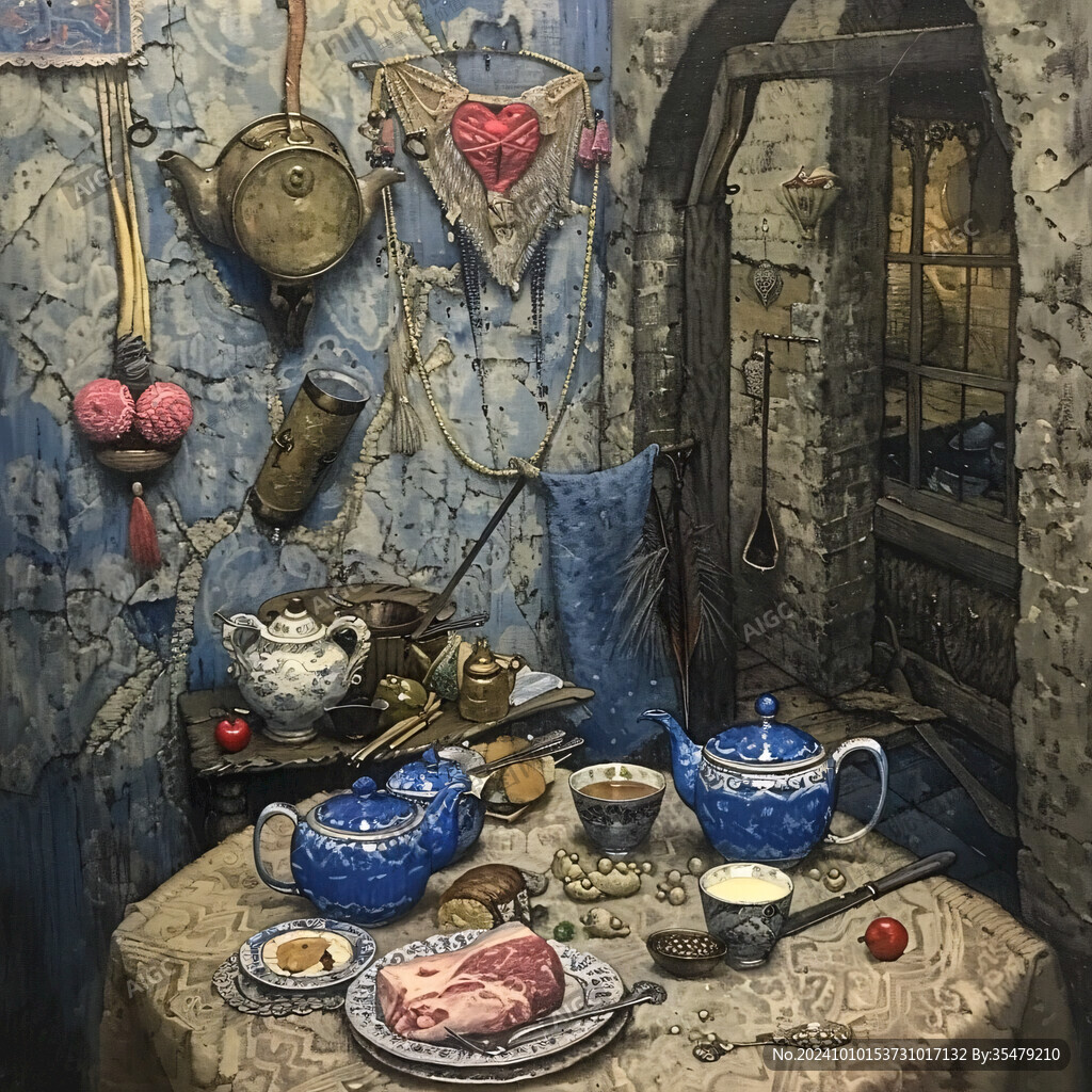 茶馆场景油画