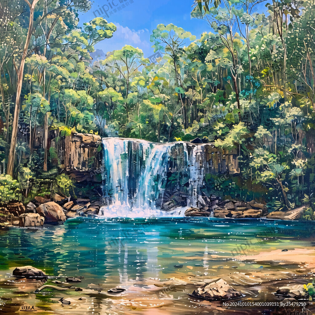 山水风景油画瀑布