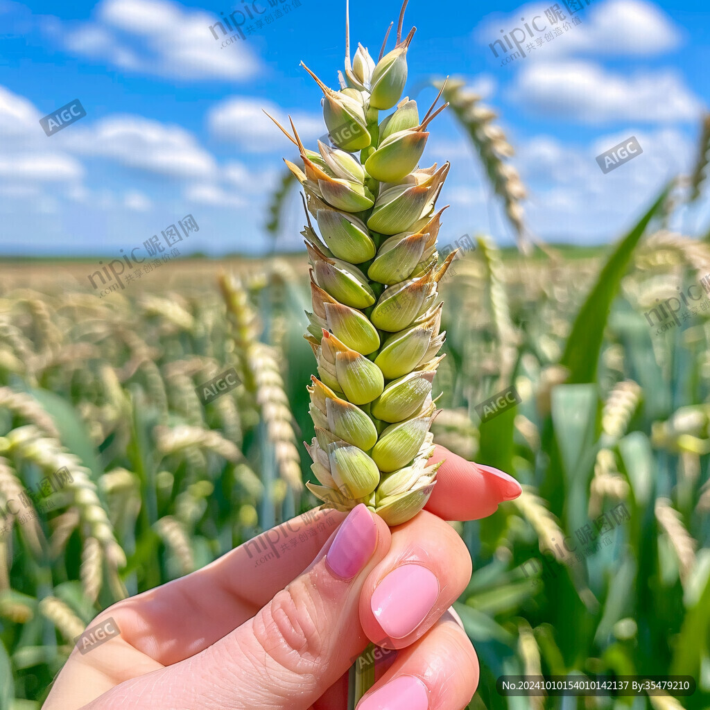 手戴蓝手套举麦穗