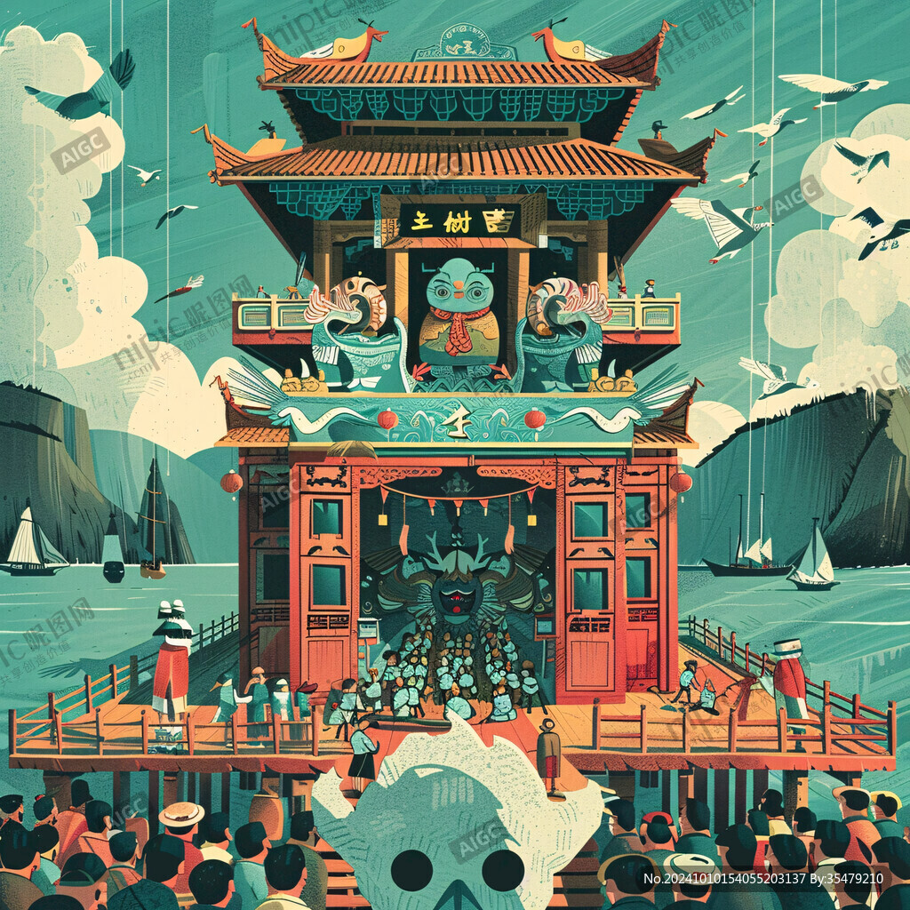 阁楼国潮插画