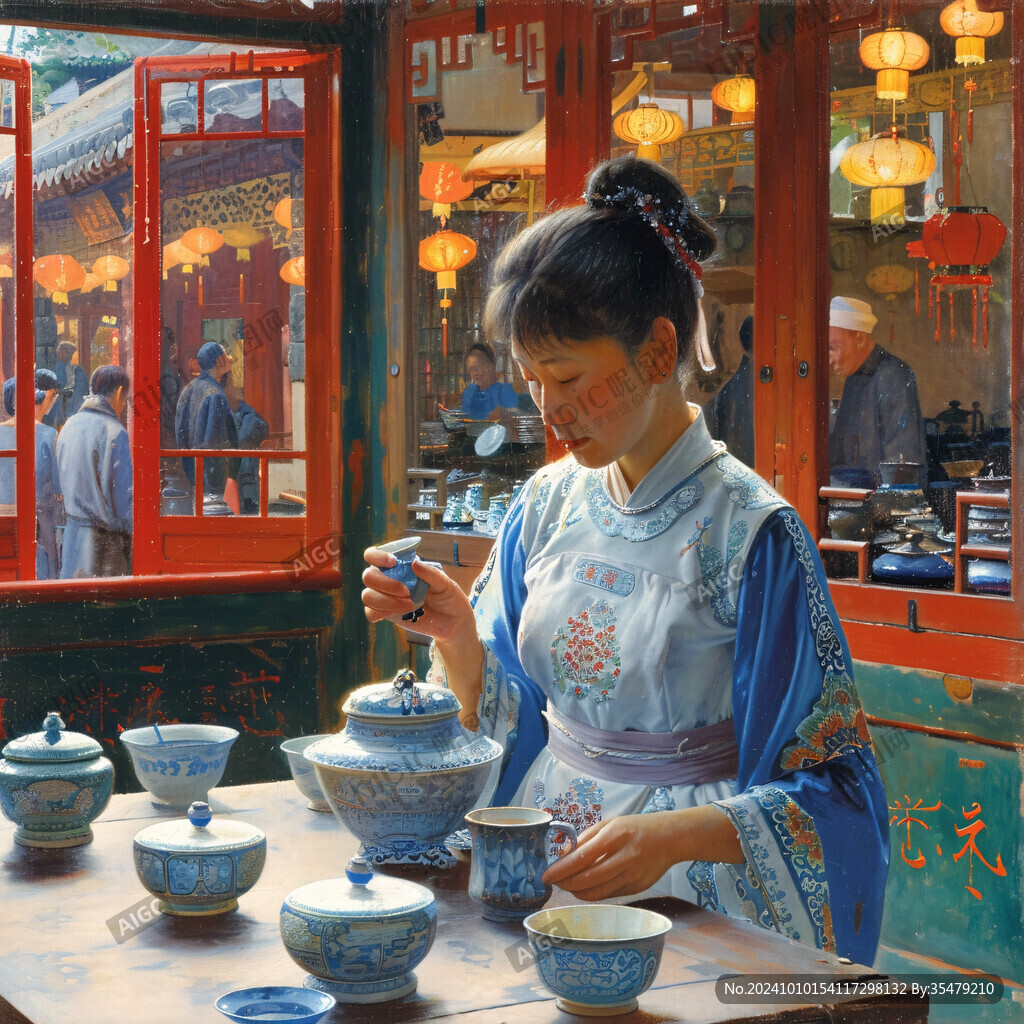 青花旗袍沏茶女
