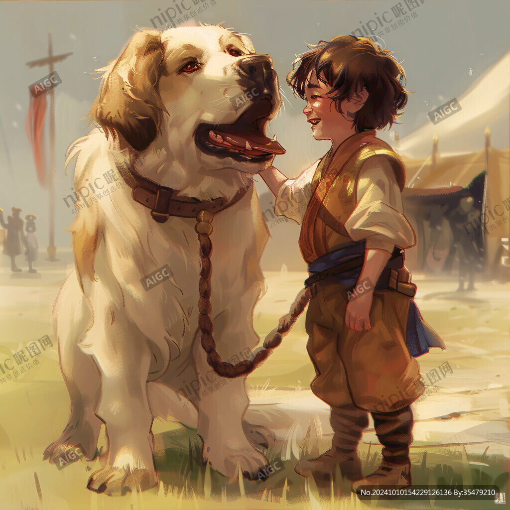 小孩牵狗插画
