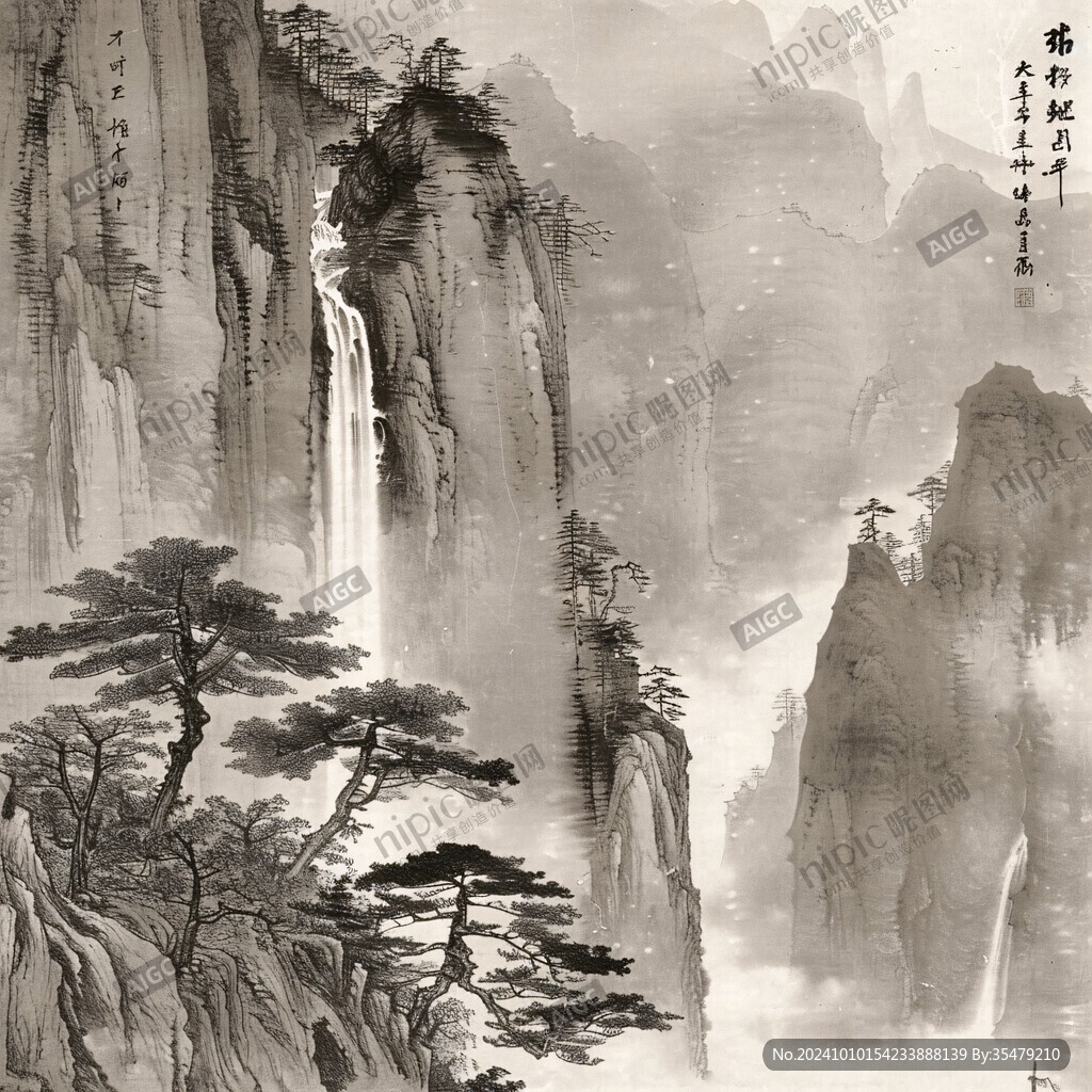飞瀑山水画
