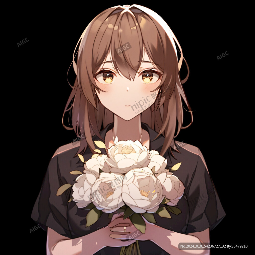 女孩捧花微笑插画