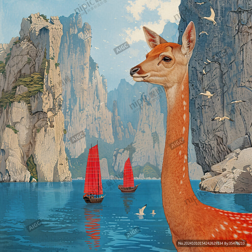 山峰山水画油画梅花鹿