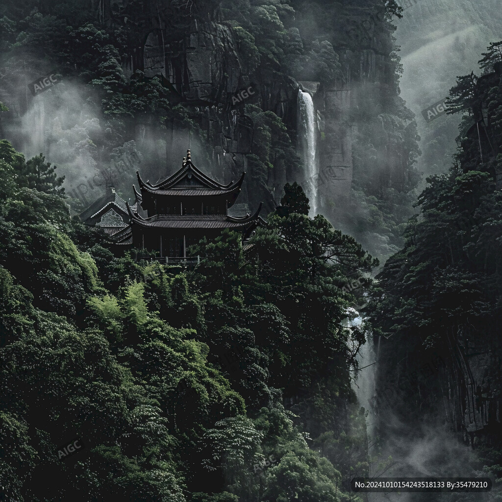 亭台楼阁流水瀑布