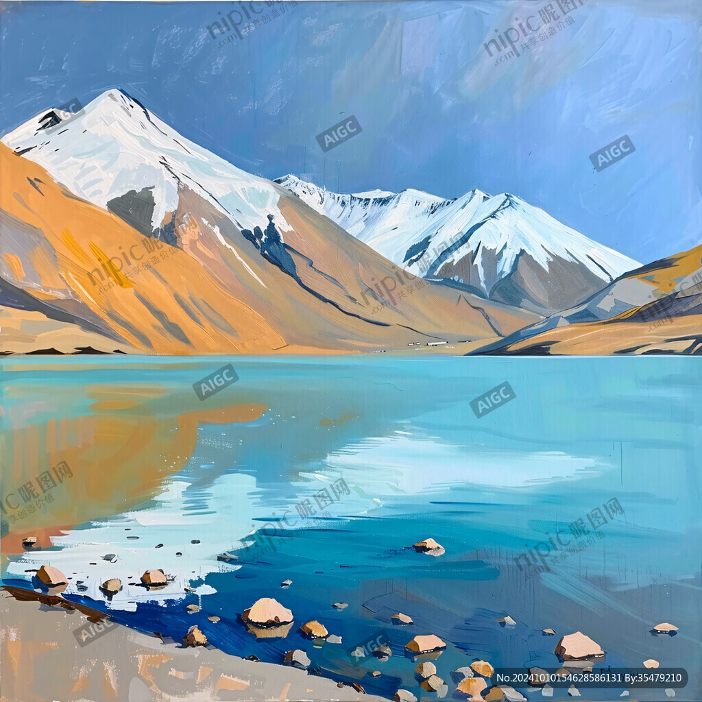 胡杨雪山蓝色湖水油画
