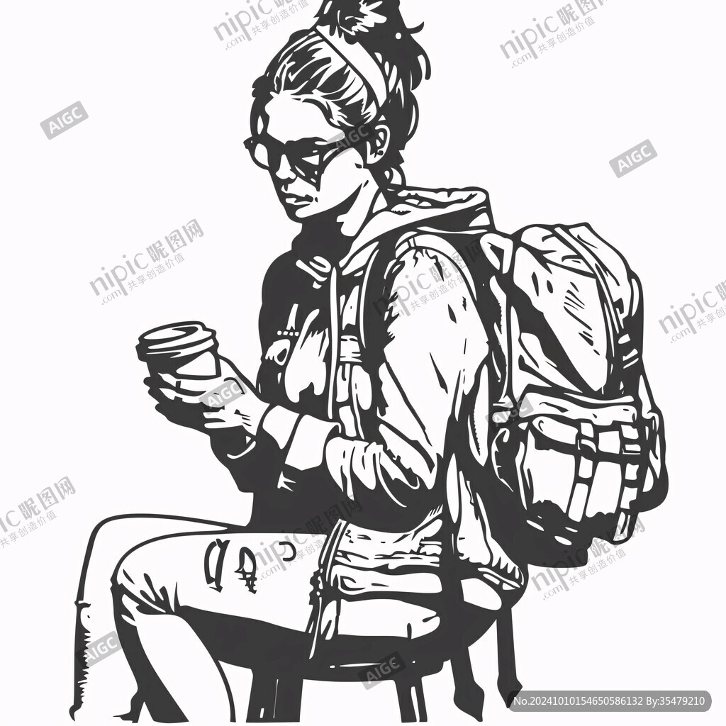 喝茶的女人线稿