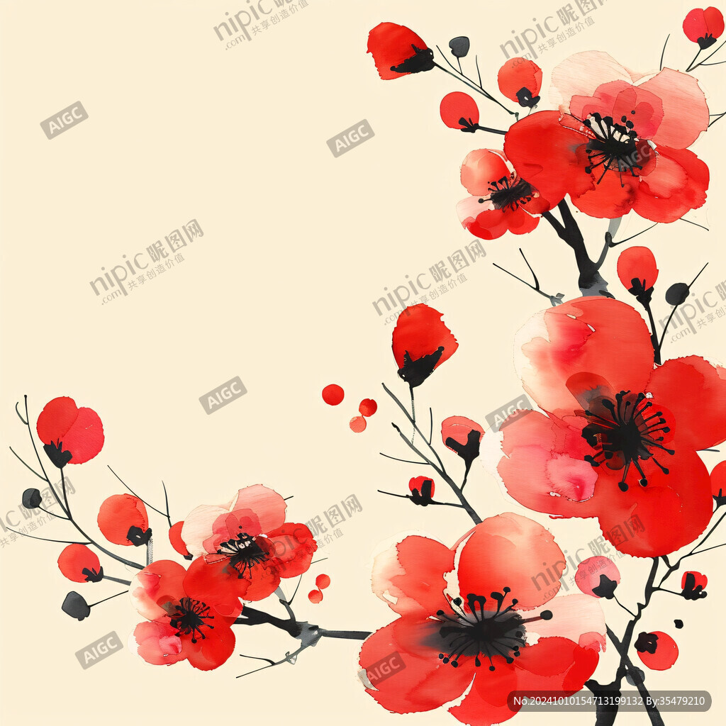 手绘红底梅花